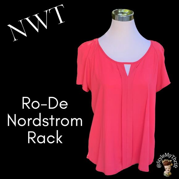 NWT SZ Med Nordstrom Ro-De Pink Chiffon Blouse Top Career Office Church Modest - Picture 2 of 9
